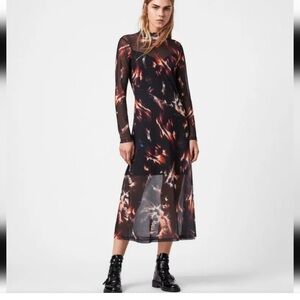 All Saints Mesh Fiery Hanna Flames Print Dress